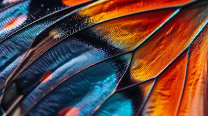 A close up of a butterfly wing with a blue and orange pattern
