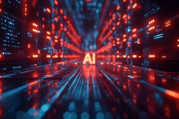 Server racks in a data center with glowing red and blue LED lights