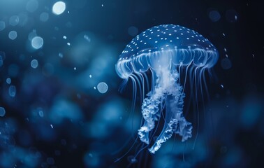 A jellyfish with white dots glowing in the dark blue ocean