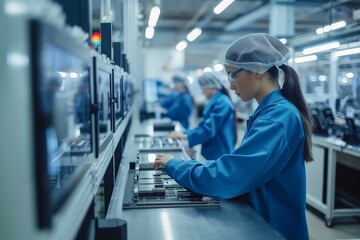 Employees focused on meticulous assembly of electronic gadgets on a production line in a modern manufacturing environment