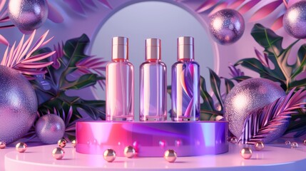 A podium sale banner with cosmetic bottles, beauty skin care cosmetic tubes on hemisphere stages, and a perfume product advertisement on a showroom platform with gold pearls realistic 3d images