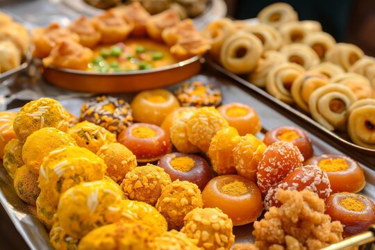 Vibrant and colorful display of assorted Indian sweets including ladoos and jalebis for Diwali celebration. Traditional and sugary desserts. Perfect for those with a sweet tooth