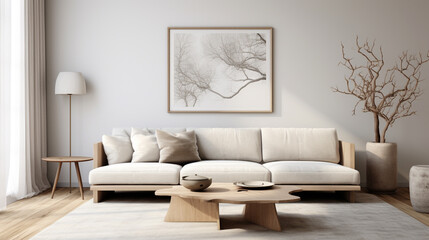 Clean lines and natural textures define this Scandinavian living room, featuring a cozy sofa, sleek coffee table, and an empty wall space ready for customized decor in a minimalist ambiance.