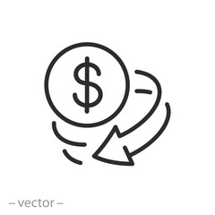 cash back icon, price save or refund cost, money back, spin arrow around dollar coin, thin line vector illustration