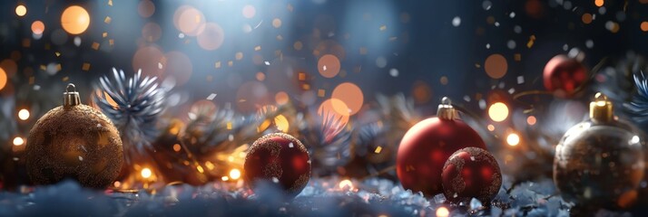 A magical image capturing the spirit of Christmas with glittering baubles adorning a snowy surface under a dreamy, light-filled backdrop