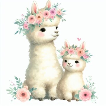 recommend clip art: Llama Mom and Baby ,Watercolor Mother's Day Clip Art, Greeting Art Cute Cartoon Character Illustration Design Isolated on White Background