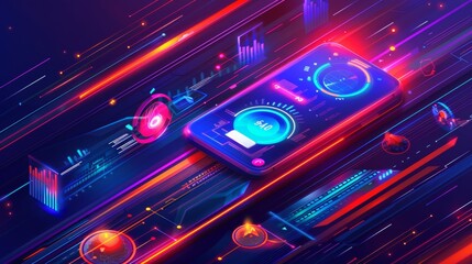 A mobile website speed optimization isometric landing page. A cellphone and computer desktop with a speedometer on the screen. A 3D modern line art web banner for testing engine plugins on the
