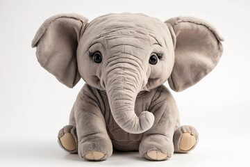 Realistic cute elephant stuffed toy sitting, isolated on white background, 3D rendering - obrazy, fototapety, plakaty