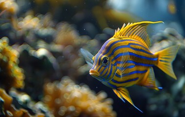 A yellow and blue striped fish swimming in the water