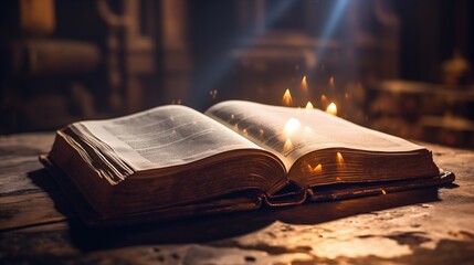 An Antique Book Opened on a Wooden Table Illuminated by Soft Glowing Light - obrazy, fototapety, plakaty
