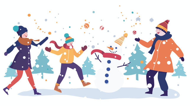 Happy cartoon people playing snowballs and making snow