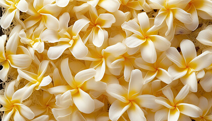 Vanilla white yellow flowers. Horizontal background for design, banner. Front view. Sunlight. 