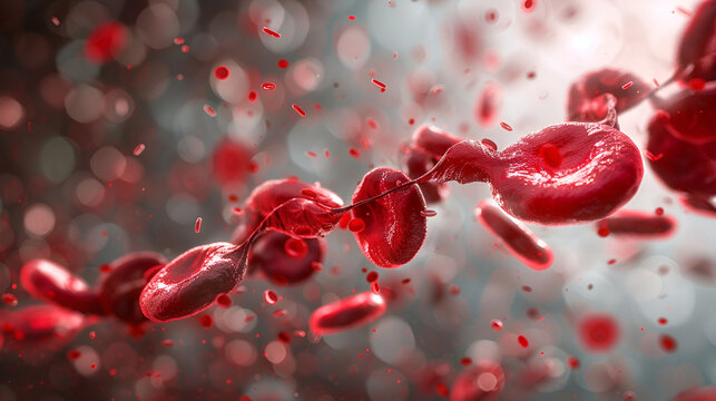 Red blood cells with oxygen molecules, oxygen rich blood
