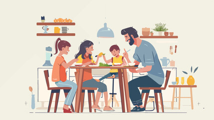 Happy family sitting at the kitchen table.Vector flat