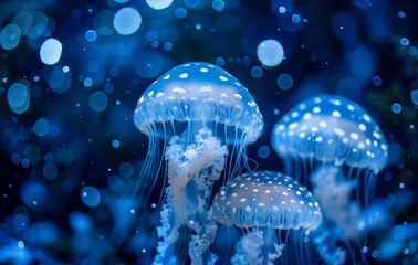 White jellyfish with glowing white dots against a blue deep sea background