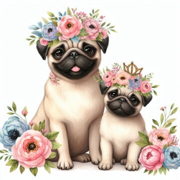 Pug Dog Mom and Baby ,Watercolor Mother's Day Clip Art, Greeting Art Cute Cartoon Character Illustration Design Isolated on White Background