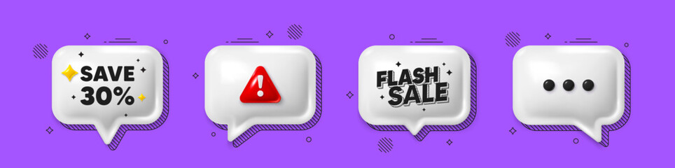 Offer speech bubble 3d icons. Save 30 percent off tag. Sale Discount offer price sign. Special offer symbol. Discount chat offer. Flash sale, danger alert. Text box balloon. Vector