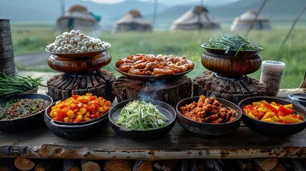 Authentic Mongolian barbecue in a rural Ger camp.