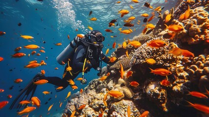A scuba diver immerses in the serene underwater world, surrounded by a vibrant coral reef teeming with colorful fish.