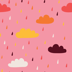 Cute hand drawn seamless pattern. Modern Scandinavian vector background. Simple textile design for kids clothes with clouds and raindrops