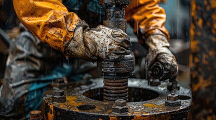 Close-up of a mechanic's greasy hands working on the intricate parts of industrial machinery while wearing protective gear.