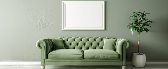 Tranquility pervades the space with a sage green sofa set against a backdrop of soft gray walls, enhanced by a pristine white empty frame hanging on the wall.
