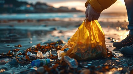 An individual participates in a beach cleanup, collecting scattered plastic waste into a yellow bag during sunset, contributing to the fight against ocean pollution. - obrazy, fototapety, plakaty