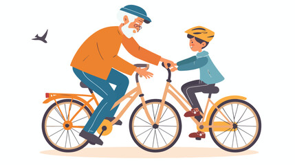 Happy grandfather rides a bicycle with his grandson.