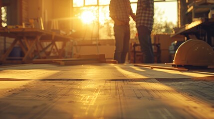 The golden sunset light streams across architectural blueprints spread out on the floor of a construction site with workers' silhouettes in the background. - obrazy, fototapety, plakaty