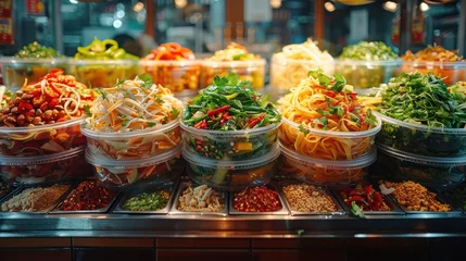 Fotobehang A spicy Thai salad at a Bangkok food stall. © bird_saranyoo