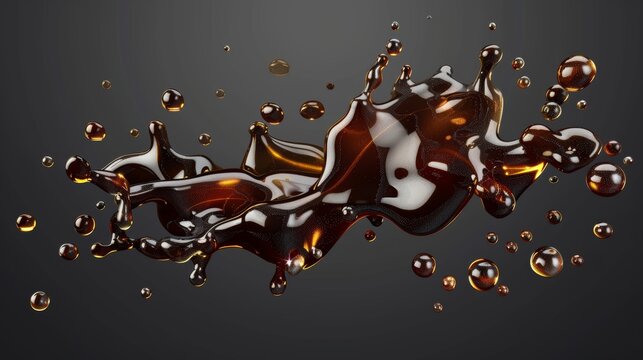 Isolated brown liquid drops spilled from a cola bottle, splattered soy sauce, blobs from abstract Asian condiments, realistic 3d modern illustration.