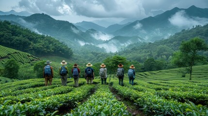Tourists being explained the significance of tea in Chinese culture at a plantation.