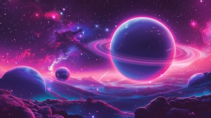 Digital art depicting a surreal and colorful outer space landscape with fantastical exoplanets and a star-studded sky.