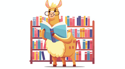 Anthropomorphic animal reader with books. Smart llama
