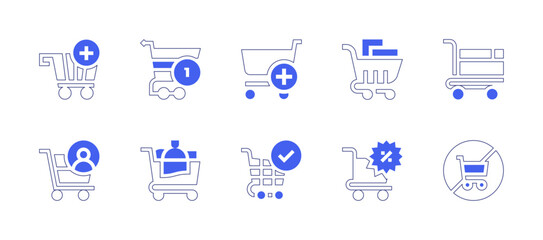 Shopping cart icon set. Duotone style line stroke and bold. Vector illustration. Containing consumer, shopping cart, no shopping cart.