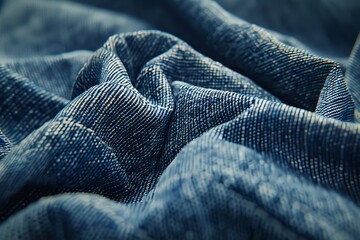 Close-up shot of denim fabric showcasing the detailed texture and classic weave pattern, perfect for fashion and textile backgrounds.

