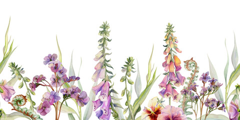 Hand drawn watercolor illustration botanical flowers leaves. Willow eucalyptus, foxglove snapdragon lupin, pink lobelia jasmine, bergenia heliotrope. Seamless banner isolated on white. Wedding, cards © Elena