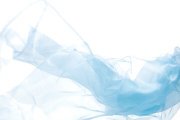 Blue sky Organza fabric flying in curve shape, Piece of textile blue sky organza fabric throw fall in air. White background isolated motion blur