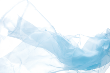 Blue sky Organza fabric flying in curve shape, Piece of textile blue sky organza fabric throw fall in air. White background isolated motion blur