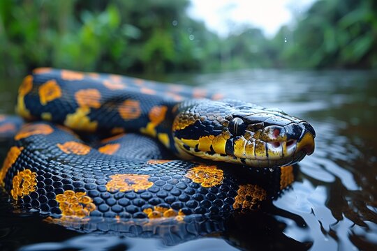 An exotic python with vibrant orange and black patterns glides gracefully over the water in a lush tropical setting