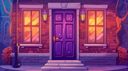 Modern illustration of blue wooden door with purple wooden frame, step and lanterns on old building facade made out of red brick.