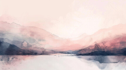 A minimalist dreamscape unfolds in a gouache painting, rendered in soft colors and textured brushstrokes, hinting at a distant landscape. - obrazy, fototapety, plakaty
