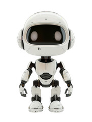 A robot with a white body and black eyes stands on a white background