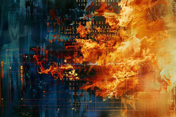 An abstract composition resembling a burning firewall, with flames composed of lines of code and digital debris.  - obrazy, fototapety, plakaty