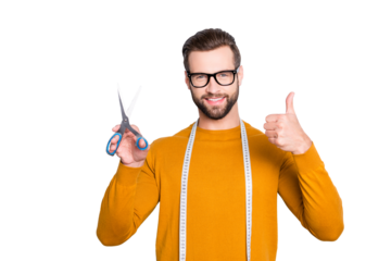 Portrait of positive cheerful dressmaker having centimeter on neck and scissors in hand showing thumb up with finger isolated on grey background. Recommend approve concept