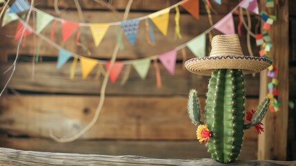 Whimsical Southwestern-Themed Party Setup Featuring Cactus with Sombrero and Colorful Banners
