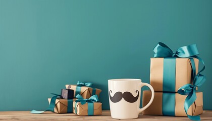Fathers Day Celebration Concept with Mustache Mug and Gifts