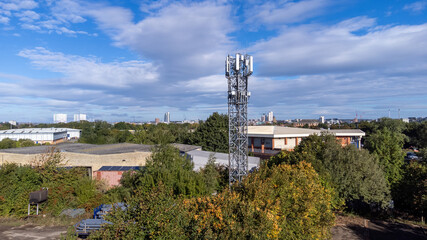 Aerial photo of a mobile telephone communications tower in the village of Hunslet in Leeds West...