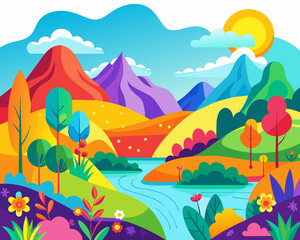 Vector landscape of colorful mountains and blue sky. Illustration