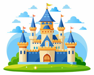 Fototapeta premium Fairytale castle with a blue roof. Vector style